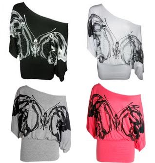Comfiestyle New Womens Glitter Butterfly Print Batwing Ruched Ladies Real Love Top UK 8-14