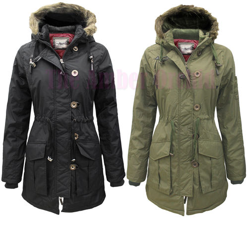 BRAVE SOUL MILITARY FUR HOODED QUILTED PADDED LADIES PARKA JACKET COAT ...