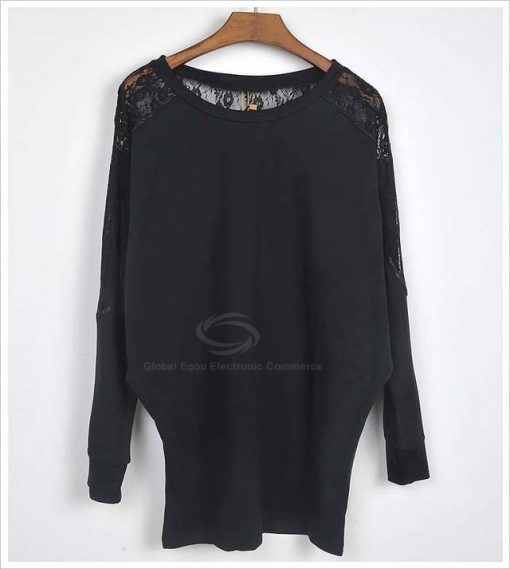 Lace Round Neck and Long Sleeve Cotton Blend Top - The Style Basket