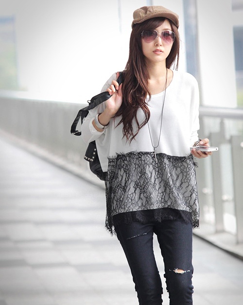 Fashion Style Lace Hem Loose Fit Spring Blouse - The Style Basket